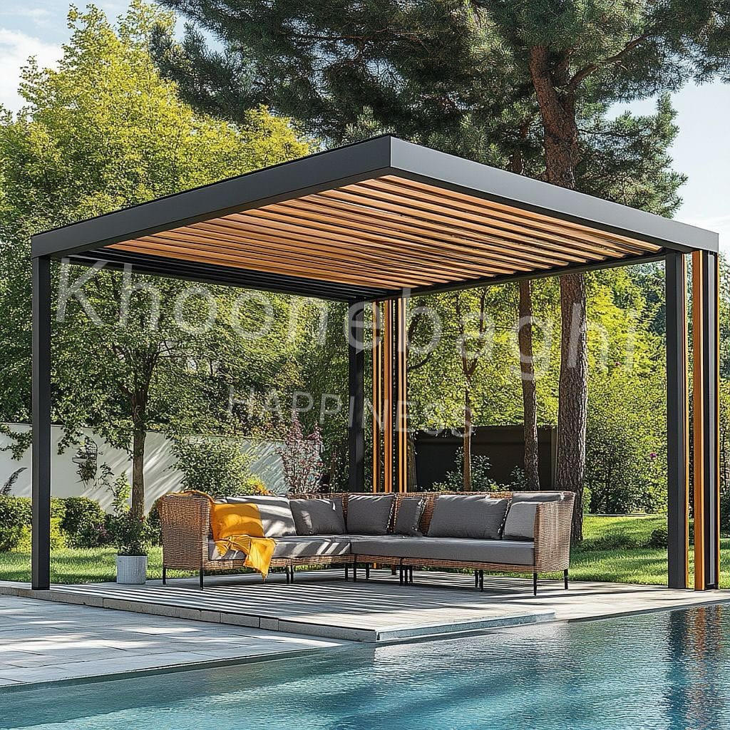 الاچیق تلفیقی از چوب و آهن با طراحی زیبا و مقاوم برای فضای باز، مناسب برای ایجاد محیطی دلنشین و کاربردی در ویلا و باغ."